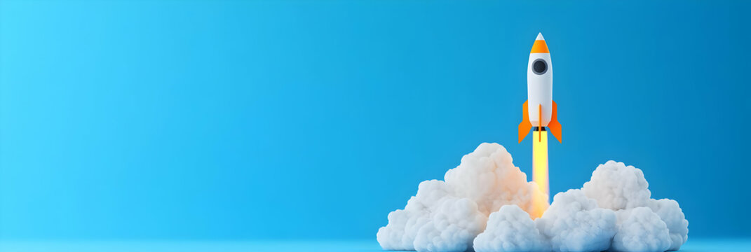A vibrant rocket lifts off against a blue background, symbolizing innovation and exploration. Perfect for technology and dreams.