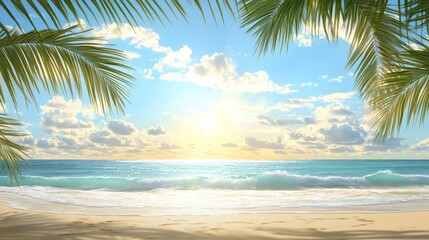 Serene Beach Sunrise with Palm Leaves and Gentle Ocean Waves