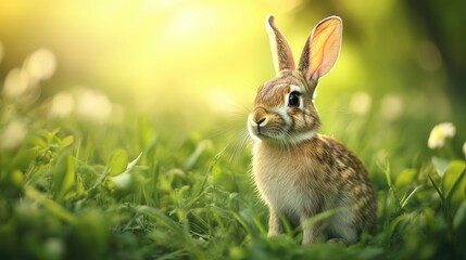 Obraz premium Rabbit Sitting in Green Grass with Sunlight Creates a Serene Scene