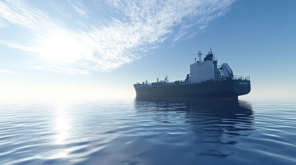 Obraz premium A large tanker ship floating on the ocean with clear skies and open water stretching out to the horizon for copy.