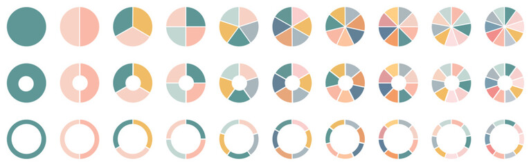 Circle pie chart diagram. 2,3,4,5,6,7,8,9,10,11,12 sections or steps. Colorful Pie chart set. Pie chart circle. Flat process cycle. Progress sectors