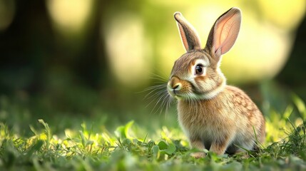Rabbit Sitting in Green Grass Looking Cute and Alert on Sunny Day