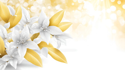 Fototapeta premium elegant white flowers with golden leaves in a sunlit setting. The petals are pristine white, the leaves are a soft gold, all set against a backdrop of soft bokeh effects