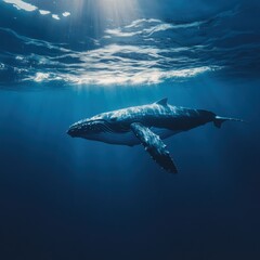 Fototapeta premium Majestic humpback whale gracefully swimming through clear ocean waters under bright sunlight and blue skies