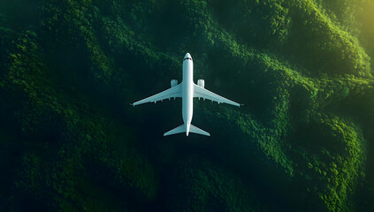 Fototapeta premium Aerial view of an airplane flying over lush green hills, showcasing the beauty of nature and modern travel.