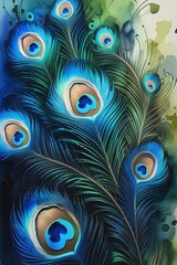 The watercolor painting features peacock feathers in intricate fractal patterns, capturing their natural beauty and adding depth with a recursive eye pattern.