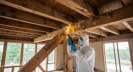 Termite technician applying treatment to wooden beams in house  