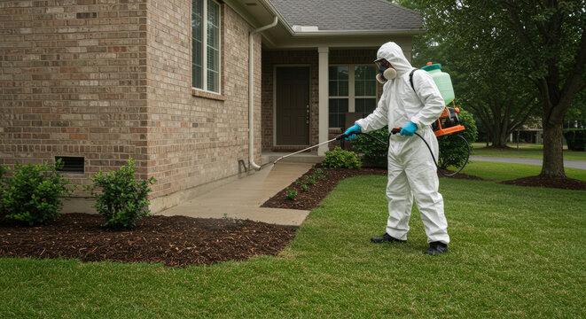 Pest control technician treating termites outside house  