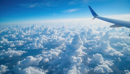 Fototapeta premium A majestic plane flying high above fluffy clouds against a brilliant blue sky in the background