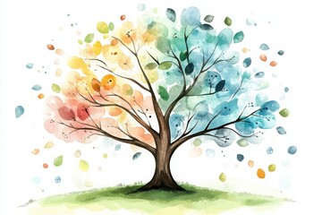 A colorful watercolor tree with vibrant leaves in shades of blue, orange, and green, surrounded by falling leaves, set against a soft grassy background.