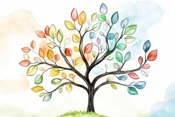 A colorful watercolor illustration of a tree with vibrant leaves, set against a soft, pastel background.
