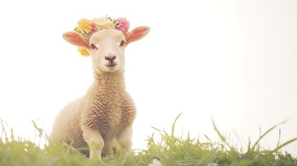 Obraz premium Adorable young lamb with a floral crown resting in lush green grass on a bright sunny day, showcasing innocent charm and serene rural beauty