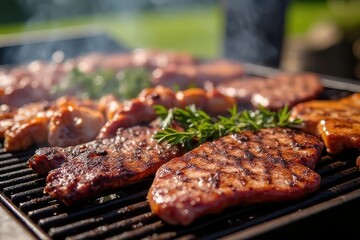 Grilled Food Spectacle: Variety of Meats in Sizzling Panorama