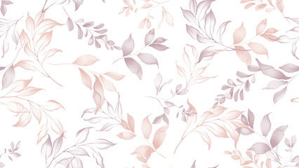 Floral seamless pattern features translucent leaves in shades of light brown and mauve on a white background. The flowers and leaves have a painterly, slightly abstract quality © momosama