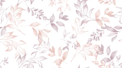 Fototapeten Floral seamless pattern features translucent leaves in shades of light brown and mauve on a white background. The flowers and leaves have a painterly, slightly abstract quality © momosama