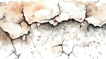 Obraz premium A textured watercolor depiction of cracked earth, showcasing varying shades of brown and beige, highlighting the effects of dryness and erosion.