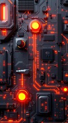 A close-up of a futuristic circuit board with glowing red elements and intricate pathways.