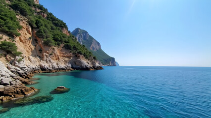 Serene Coastal Paradise: Turquoise Waters, Rocky Cliffs, and Lush Greenery Under a Clear Blue Sky