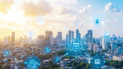 Futuristic city skyline with glowing blue holographic engineering schematics overlaying the buildings. A high-tech and innovative urban development concept.