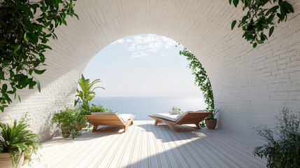 Tranquil ocean view from arched white brick patio with lounge chairs and plants.