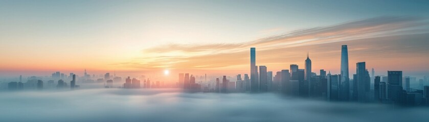 Fototapeta premium A breathtaking skyline at sunrise, shrouded in mist, showcasing towering skyscrapers and a serene atmosphere.