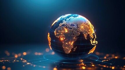 Glowing globe with illuminated continents against a dark background, symbolizing connectivity and technology.