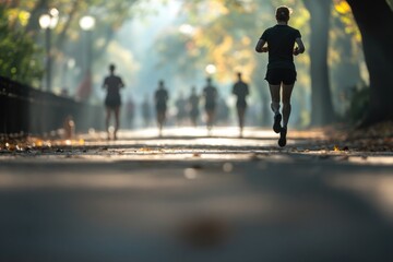 Obraz premium runner in silhouette mid-stride on sunny morning jogging path with blurred individuals in background emphasizing movement
