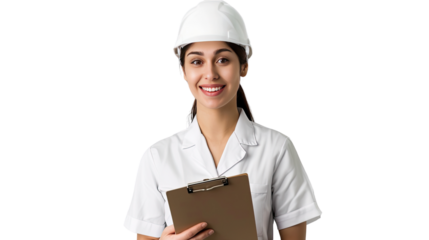 Confident Professional: An empowered construction worker, donned in a pristine white hard hat and coat, exudes a welcoming demeanor while holding a clipboard.