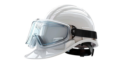 Fototapeta premium Safety Gear: A high-angle, studio-style photograph showcases a gleaming white safety helmet, paired with clear protective goggles.