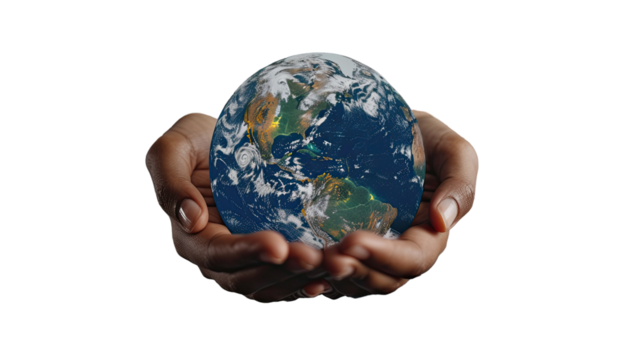 Hand holding Earth: A pair of hands gently cradles a detailed representation of Earth, showcasing the planet's continents and swirling cloud formations