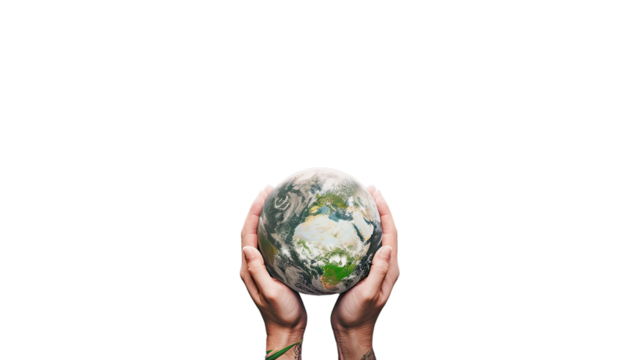 Earth in Hands: A close-up image of two hands cradling the Earth, symbolizing environmental protection, sustainability, and global unity. It evokes a sense of responsibility and care for our planet.