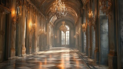 Sunlit Palace Hallway, Marble Floor, Grand Chandeliers, Elegant Background, Film Set