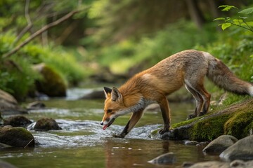 Fototapeta premium Red fox, Vulpes vulpes, drinks fresh water from forest brook. Vixen showing pink tongue-generated by ai