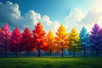 Naklejka premium Aerial view of colorful tree line with rainbow, background, nature, abstract