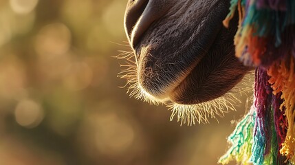 Close-up of a horse's nose with dew droplets in golden light, showcasing the softness of the fur against a colorful tassel background, evoking a tranquil atmosphere