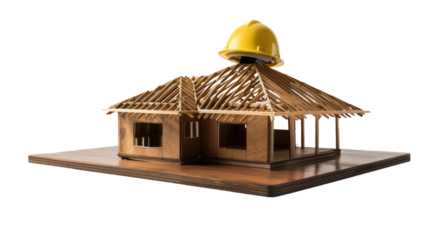 Construction in Progress: A miniature wooden house model sits atop a wooden platform, showcasing the construction process, with a yellow hard hat strategically placed, hinting at the ongoing build.