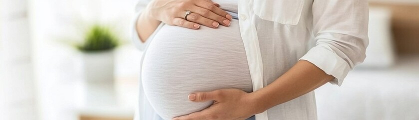 Expecting Mother Holding Her Pregnant Belly in White Blouse with Gentle Touch and Natural Light in Cozy Home Environment