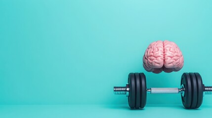 Conceptual clash of physical fitness and mental strength represented by dumbbell and pink brain on teal background for innovative fitness ideas