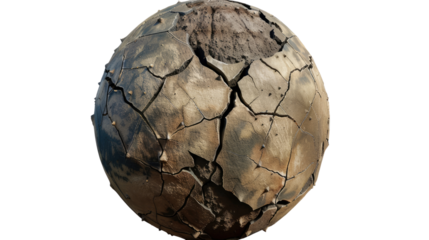 Cracked Earth Globe: A detailed view of a spherical earth model marred by cracks, evoking themes of environmental change, drought, and the fragility of our planet.