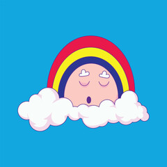 Adorable sleeping rainbow resting between fluffy clouds in a cute and dreamy style, perfect for nature themes