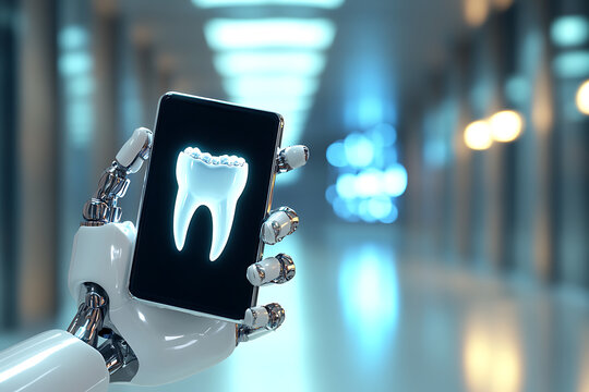 Robot hand holding futuristic smartphone displaying digital tooth icon in advanced dental technology environment, artificial intelligence concept for modern oral healthcare innovation