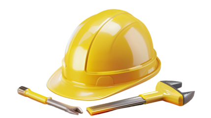 Construction Essentials: A bright yellow hard hat and essential tools symbolize the tools of the trade, evoking themes of safety, skill, and craftsmanship.