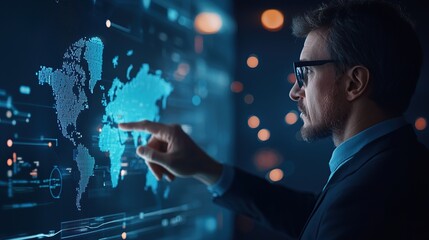 A man interacts with a digital world map on a screen, showcasing technology and data visualization.