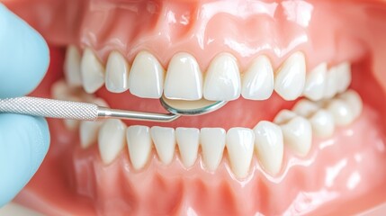Fototapeta premium Close up view of a detailed dental model being inspected and examined by a pair of gloved hands showcasing the precision and care involved in dental healthcare procedures and treatments