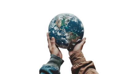 Global Embrace: Hands gently cradle and lift a vibrant representation of planet Earth, symbolizing care, protection, and a shared responsibility for the environment.