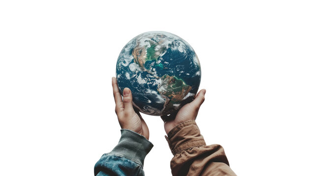 Global Embrace: Hands gently cradle and lift a vibrant representation of planet Earth, symbolizing care, protection, and a shared responsibility for the environment.