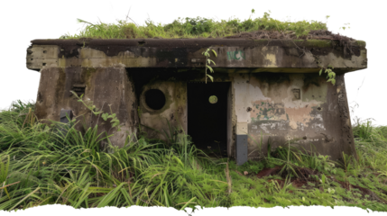 Forgotten Fortress: Weathered concrete structure of a historic bunker, overgrown with vibrant green grass and vegetation, a testament to resilience.
