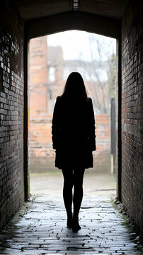 Fototapeta Silhouette of a Woman Walking Through a Dark Brick Alley