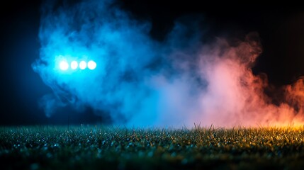 Fototapeta premium Night Stadium Blue Orange Smoke with Spotlight Glow.