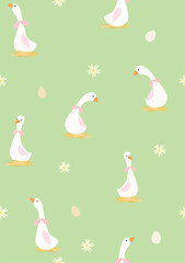 A white goose with a pink polka dot bow is hatching eggs on a pile of straw. The goose has various poses, eggs and daisies on a bright green background.